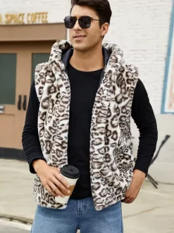 Gilet En Fausse Fourrure Léopard Hiver Chaud Hommes Sans Manches Col Rabattu Capuche