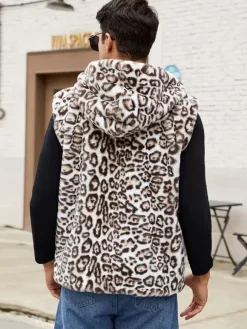 Gilet En Fausse Fourrure Léopard Hiver Chaud Hommes Sans Manches Col Rabattu Capuche