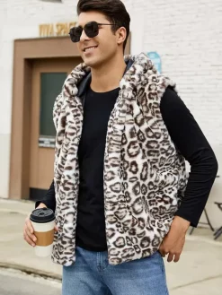 Gilet En Fausse Fourrure Léopard Hiver Chaud Hommes Sans Manches Col Rabattu Capuche