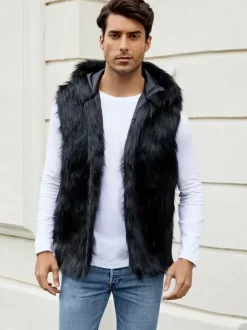 Gilet En Fausse Fourrure Noir Hiver Chaud Hommes Sans Manches Col Rabattu Capuche