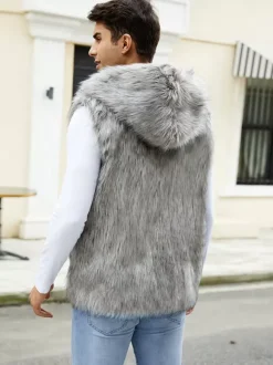 Gilet En Fausse Fourrure Noir Hiver Chaud Hommes Sans Manches Col Rabattu Capuche