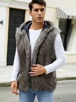 Gilet En Fausse Fourrure Noir Hiver Chaud Hommes Sans Manches Col Rabattu Capuche