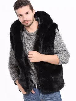 Gilet En Fausse Fourrure Noir Hiver Chaud Hommes Sans Manches Col Rabattu Capuche