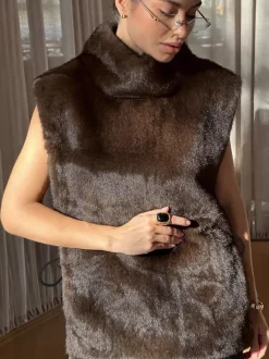 Gilet en fourrure douce et duveteuse col roulé cordon de serrage au dos coupe ajustée et chaude