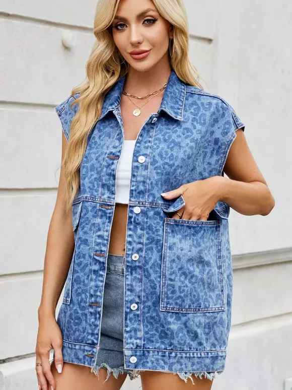 Gilet en jean imprimé léopard pour femme - Veste en jean oversize sans manches à motif animal - Collection printemps-été 2026
