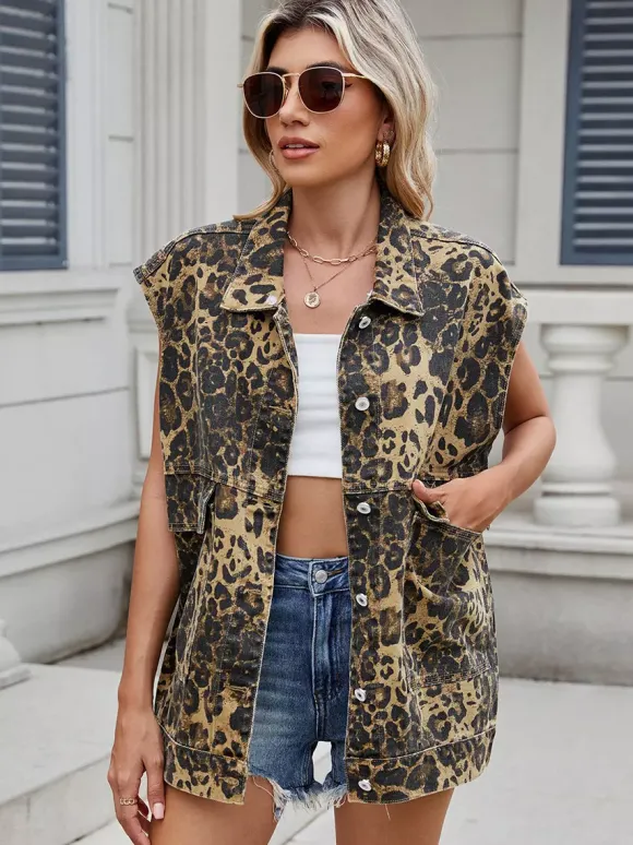 Gilet en jean imprimé léopard pour femme - Veste en jean oversize sans manches à motif animal - Collection printemps-été 2026