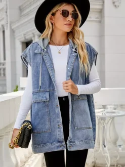Gilet en jean oversize à capuche pour femme - Veste longue sans manches en jean délavé - Collection streetwear printemps-été 2026