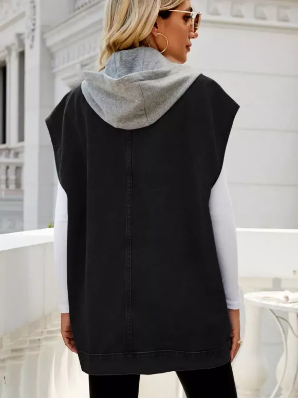 Gilet en jean oversize à capuche pour femme - Veste longue sans manches en jean délavé - Collection streetwear printemps-été 2026