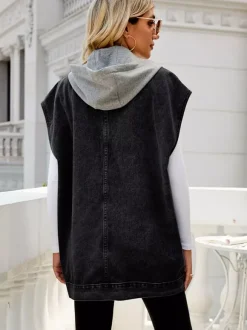 Gilet en jean oversize à capuche pour femme - Veste longue sans manches en jean délavé - Collection streetwear printemps-été 2026