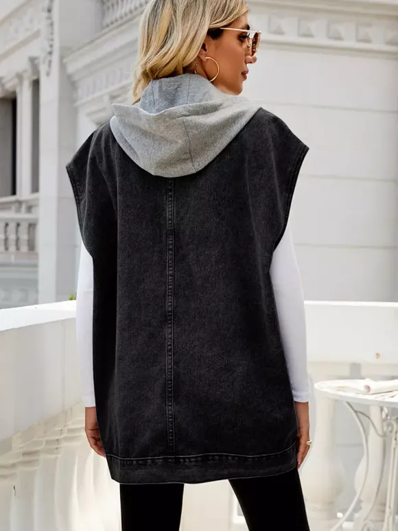 Gilet en jean oversize à capuche pour femme - Veste longue sans manches en jean délavé - Collection streetwear printemps-été 2026