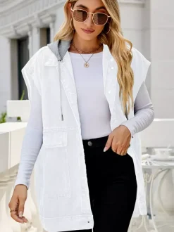 Gilet en jean oversize à capuche pour femme - Veste longue sans manches en jean délavé - Collection streetwear printemps-été 2026