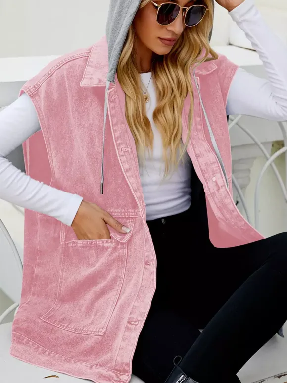 Gilet en jean oversize à capuche pour femme - Veste longue sans manches en jean délavé - Collection streetwear printemps-été 2026