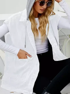 Gilet en jean oversize à capuche pour femme - Veste longue sans manches en jean délavé - Collection streetwear printemps-été 2026