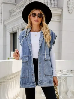 Gilet en jean oversize à capuche pour femme - Veste longue sans manches en jean délavé - Collection streetwear printemps-été 2026