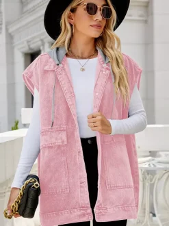 Gilet en jean oversize à capuche pour femme - Veste longue sans manches en jean délavé - Collection streetwear printemps-été 2026