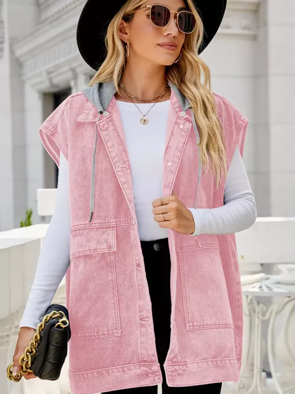 Gilet en jean oversize à capuche pour femme - Veste longue sans manches en jean délavé - Collection streetwear printemps-été 2026