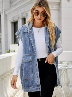 Gilet en jean oversize à capuche pour femme - Veste longue sans manches en jean délavé - Collection streetwear printemps-été 2026