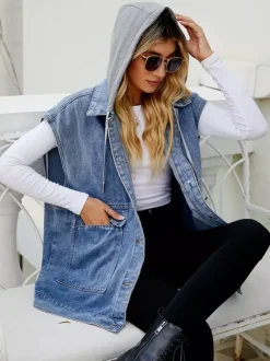 Gilet en jean oversize à capuche pour femme - Veste longue sans manches en jean délavé - Collection streetwear printemps-été 2026