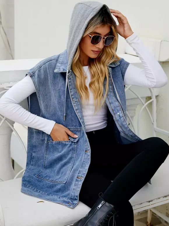 Gilet en jean oversize à capuche pour femme - Veste longue sans manches en jean délavé - Collection streetwear printemps-été 2026