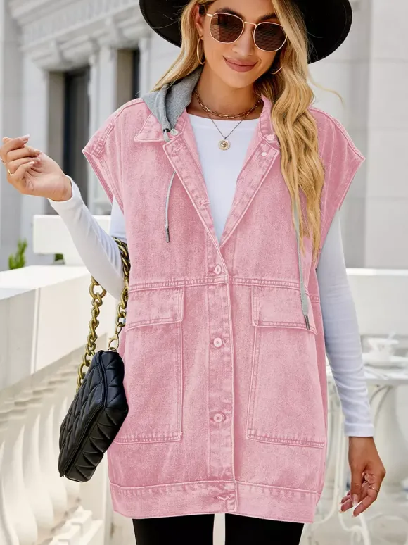 Gilet en jean oversize à capuche pour femme - Veste longue sans manches en jean délavé - Collection streetwear printemps-été 2026