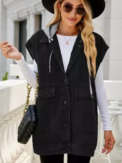 Gilet en jean oversize à capuche pour femme - Veste longue sans manches en jean délavé - Collection streetwear printemps-été 2026