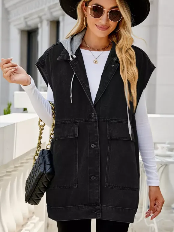Gilet en jean oversize à capuche pour femme - Veste longue sans manches en jean délavé - Collection streetwear printemps-été 2026