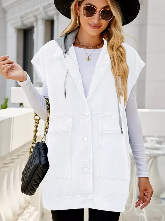 Gilet en jean oversize à capuche pour femme - Veste longue sans manches en jean délavé - Collection streetwear printemps-été 2026