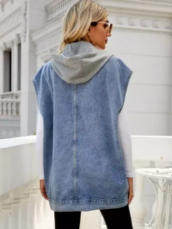 Gilet en jean oversize à capuche pour femme - Veste longue sans manches en jean délavé - Collection streetwear printemps-été 2026