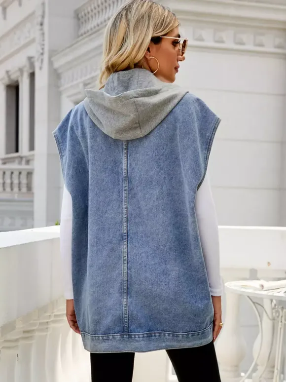 Gilet en jean oversize à capuche pour femme - Veste longue sans manches en jean délavé - Collection streetwear printemps-été 2026