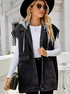 Gilet en jean oversize à capuche pour femme - Veste longue sans manches en jean délavé - Collection streetwear printemps-été 2026