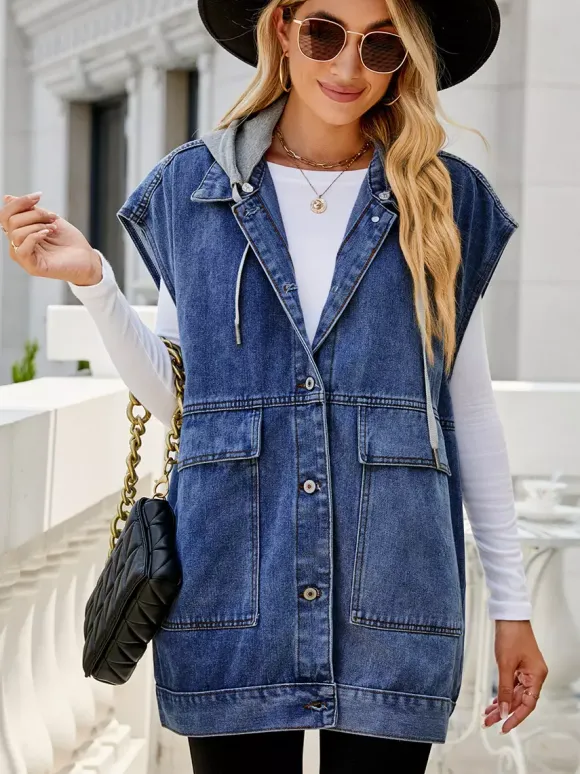 Gilet en jean oversize à capuche pour femme - Veste longue sans manches en jean délavé - Collection streetwear printemps-été 2026