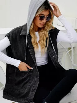 Gilet en jean oversize à capuche pour femme - Veste longue sans manches en jean délavé - Collection streetwear printemps-été 2026