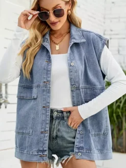 Gilet en jean oversize pour femme - Veste longue vintage sans manches en jean délavé - Collection streetwear printemps-été 2026