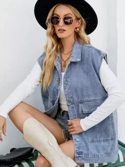 Gilet en jean oversize pour femme - Veste longue vintage sans manches en jean délavé - Collection streetwear printemps-été 2026