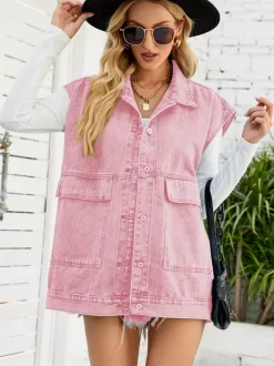 Gilet en jean oversize pour femme - Veste longue vintage sans manches en jean délavé - Collection streetwear printemps-été 2026