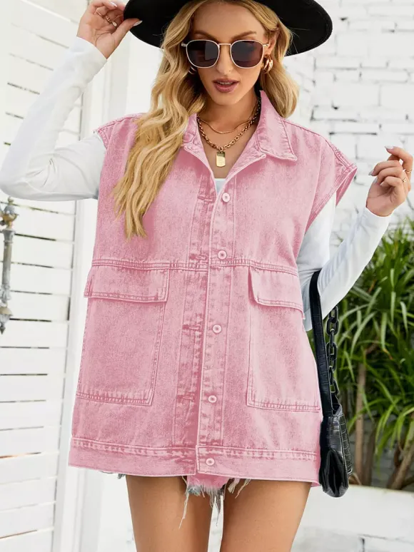 Gilet en jean oversize pour femme - Veste longue vintage sans manches en jean délavé - Collection streetwear printemps-été 2026