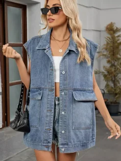 Gilet en jean oversize pour femme - Veste longue vintage sans manches en jean délavé - Collection streetwear printemps-été 2026