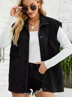 Gilet en jean oversize pour femme - Veste longue vintage sans manches en jean délavé - Collection streetwear printemps-été 2026