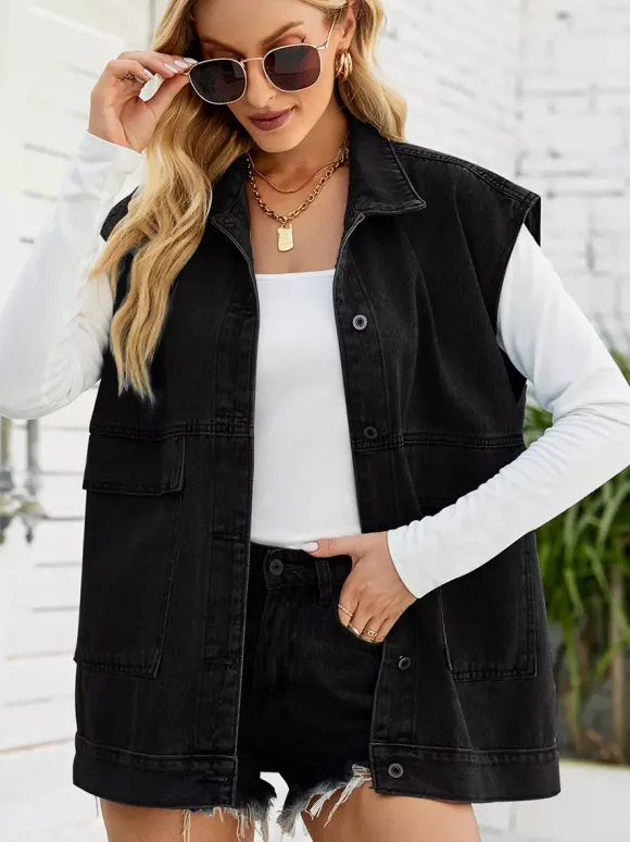 Gilet en jean oversize pour femme - Veste longue vintage sans manches en jean délavé - Collection streetwear printemps-été 2026