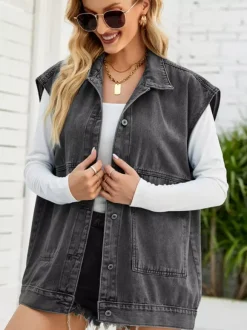 Gilet en jean oversize pour femme - Veste longue vintage sans manches en jean délavé - Collection streetwear printemps-été 2026