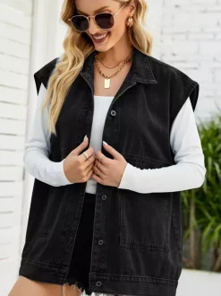 Gilet en jean oversize pour femme - Veste longue vintage sans manches en jean délavé - Collection streetwear printemps-été 2026