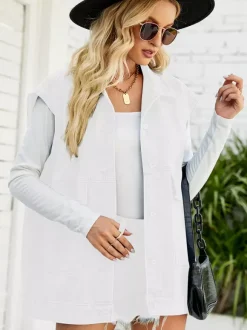 Gilet en jean oversize pour femme - Veste longue vintage sans manches en jean délavé - Collection streetwear printemps-été 2026