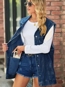 Gilet en jean oversize pour femme - Veste longue sans manches en jean délavé style vintage - Collection streetwear chic printemps-été 2026