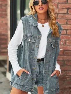Gilet en jean oversize pour femme - Veste longue sans manches en jean délavé style vintage - Collection streetwear chic printemps-été 2026
