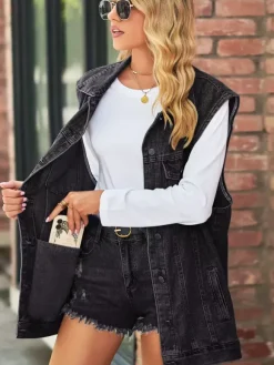 Gilet en jean oversize pour femme - Veste longue sans manches en jean délavé style vintage - Collection streetwear chic printemps-été 2026