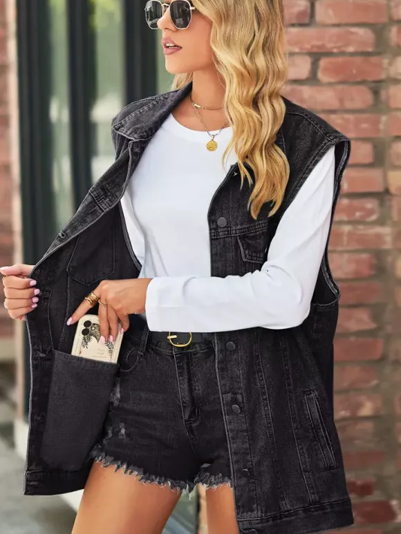 Gilet en jean oversize pour femme - Veste longue sans manches en jean délavé style vintage - Collection streetwear chic printemps-été 2026