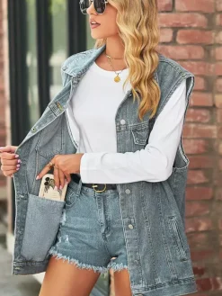Gilet en jean oversize pour femme - Veste longue sans manches en jean délavé style vintage - Collection streetwear chic printemps-été 2026