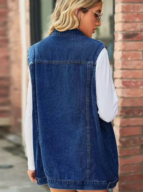 Gilet en jean oversize pour femme - Veste longue sans manches en jean délavé style vintage - Collection streetwear chic printemps-été 2026
