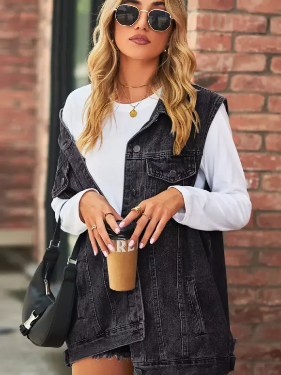 Gilet en jean oversize pour femme - Veste longue sans manches en jean délavé style vintage - Collection streetwear chic printemps-été 2026