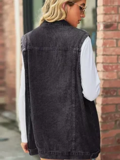 Gilet en jean oversize pour femme - Veste longue sans manches en jean délavé style vintage - Collection streetwear chic printemps-été 2026